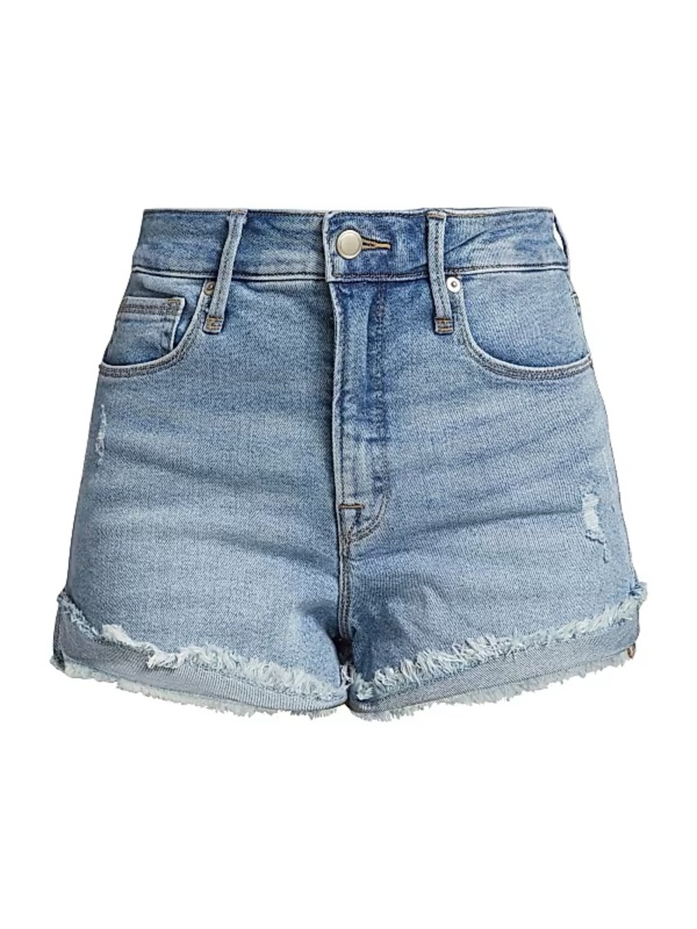 Good American Good Curve High Waist Light Blue Distressed High-Rise Denim Shorts - Picture 4 of 8